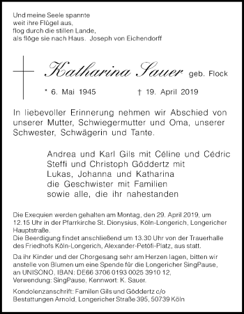 Anzeige von Katharina Sauer von Kölner Stadt-Anzeiger / Kölnische Rundschau / Express