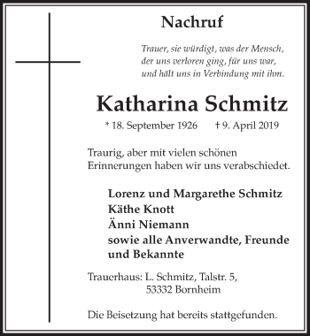 Anzeige von Katharina Schmitz von  Schlossbote/Werbekurier 