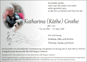 Anzeige von Katharina Käthe Grothe von  Bergisches Handelsblatt  Kölner Wochenspiegel 