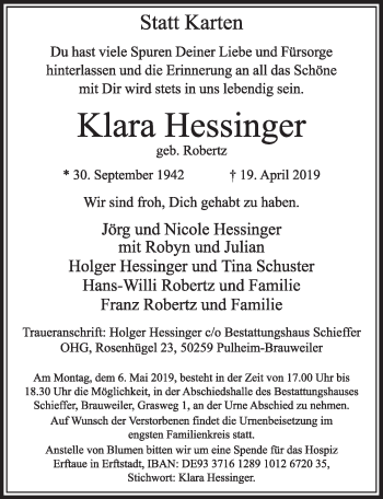 Anzeige von Klara Hessinger von  Sonntags-Post 