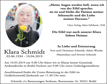 Anzeige von Klara Schmidt von  Schlossbote/Werbekurier 