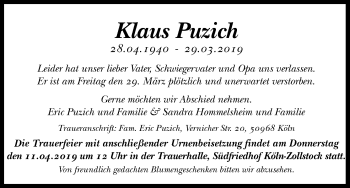 Anzeige von Klaus Puzich von Kölner Stadt-Anzeiger / Kölnische Rundschau / Express