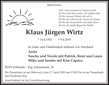 Anzeige von Klaus Jürgen Wirtz von  Sonntags-Post 