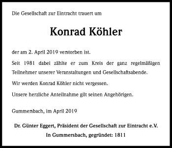 Anzeige von Konrad Köhler von Kölner Stadt-Anzeiger / Kölnische Rundschau / Express