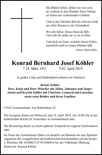 Anzeige von Konrad Bernhard Josef Köhler von Kölner Stadt-Anzeiger / Kölnische Rundschau / Express