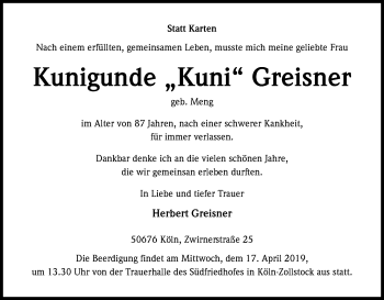 Anzeige von Kunigunde Greisner von Kölner Stadt-Anzeiger / Kölnische Rundschau / Express