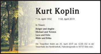 Anzeige von Kurt Koplin von Kölner Stadt-Anzeiger / Kölnische Rundschau / Express