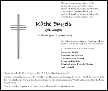 Anzeige von Käthe Engels von Kölner Stadt-Anzeiger / Kölnische Rundschau / Express