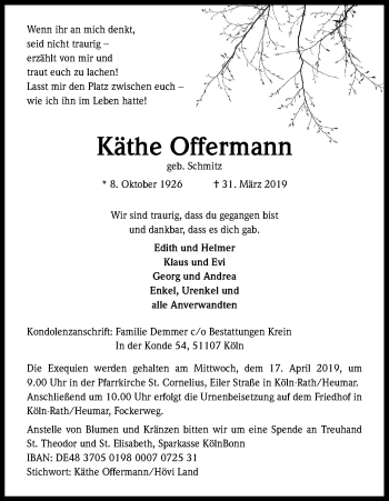 Anzeige von Käthe Offermann von Kölner Stadt-Anzeiger / Kölnische Rundschau / Express