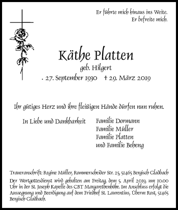 Anzeige von Käthe Platten von Kölner Stadt-Anzeiger / Kölnische Rundschau / Express