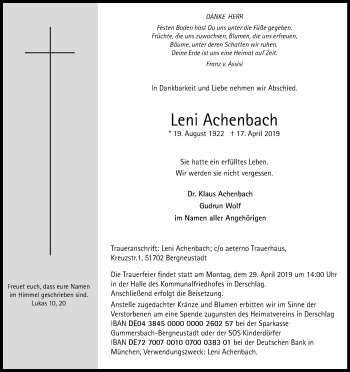 Anzeige von Leni Achenbach von Kölner Stadt-Anzeiger / Kölnische Rundschau / Express