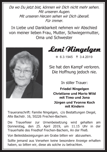 Anzeige von Leni Ningelgen von  Wochenende 