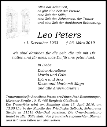 Anzeige von Leo Peters von Kölner Stadt-Anzeiger / Kölnische Rundschau / Express