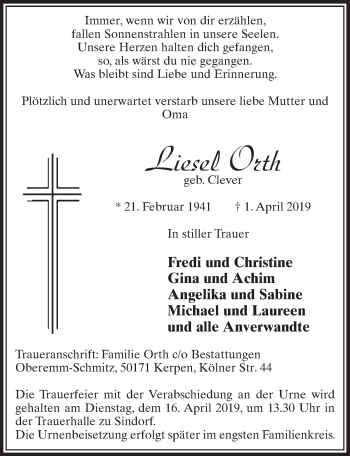 Anzeige von Liesel Orth von  Sonntags-Post 