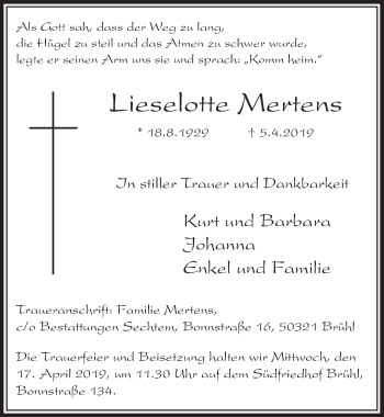 Anzeige von Lieselotte Mertens von  Schlossbote/Werbekurier 