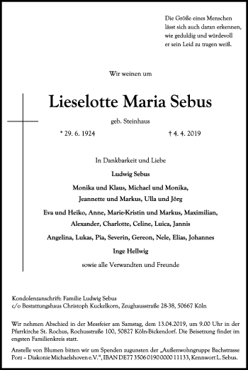 Anzeige von Lieselotte Maria Sebus von Kölner Stadt-Anzeiger / Kölnische Rundschau / Express