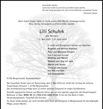 Anzeige von Lilli Schuhrk von Kölner Stadt-Anzeiger / Kölnische Rundschau / Express