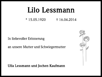 Anzeige von Lilo Lessmann von Kölner Stadt-Anzeiger / Kölnische Rundschau / Express
