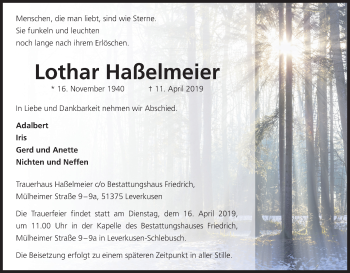 Anzeige von Lothar Haßelmeier von Kölner Stadt-Anzeiger / Kölnische Rundschau / Express