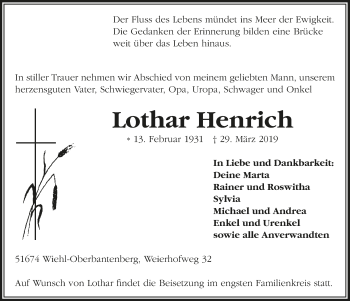 Anzeige von Lothar Henrich von  Anzeigen Echo 
