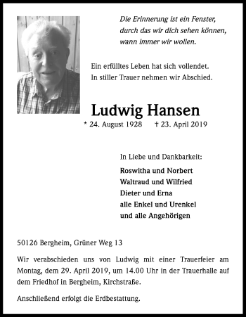 Anzeige von Ludwig Hansen von Kölner Stadt-Anzeiger / Kölnische Rundschau / Express