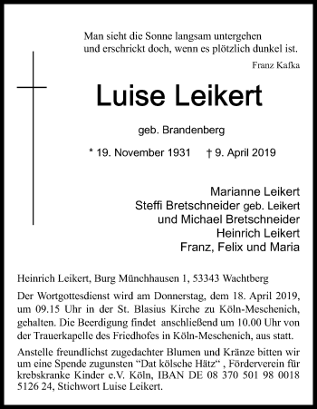 Anzeige von Luise Leikert von Kölner Stadt-Anzeiger / Kölnische Rundschau / Express