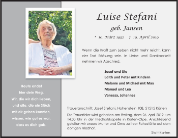 Anzeige von Luise Stefani von Kölner Stadt-Anzeiger / Kölnische Rundschau / Express