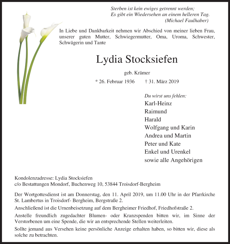  Traueranzeige für Lydia Stocksiefen vom 06.04.2019 aus Kölner Stadt-Anzeiger / Kölnische Rundschau / Express