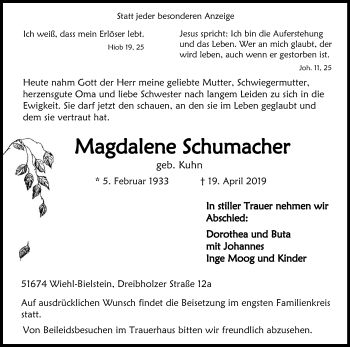 Anzeige von Magdalene Schumacher von Kölner Stadt-Anzeiger / Kölnische Rundschau / Express