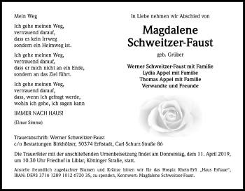 Anzeige von Magdalene Schweitzer-Faust von Kölner Stadt-Anzeiger / Kölnische Rundschau / Express