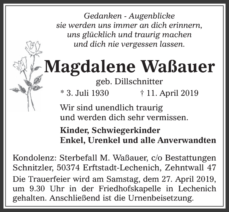  Traueranzeige für Magdalene Waßauer vom 17.04.2019 aus  Werbepost 