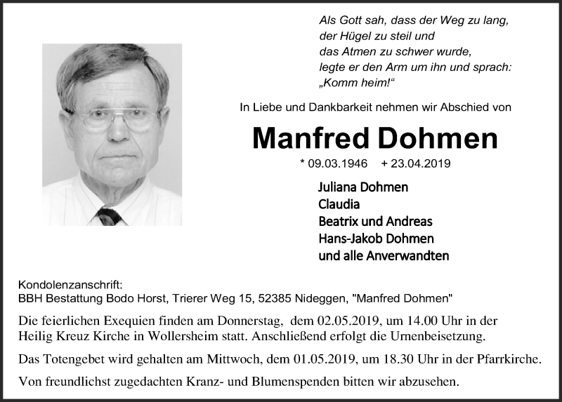  Traueranzeige für Manfred Dohmen vom 27.04.2019 aus  Blickpunkt Euskirchen 