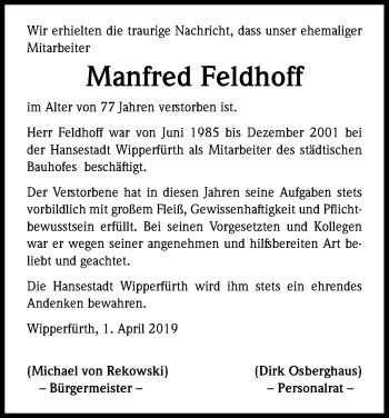Anzeige von Manfred Feldhoff von Kölner Stadt-Anzeiger / Kölnische Rundschau / Express
