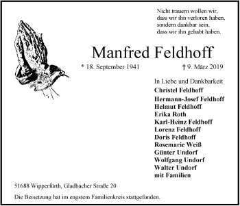 Anzeige von Manfred Feldhoff von  Anzeigen Echo 