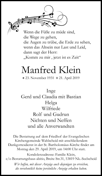 Anzeige von Manfred Klein von Kölner Stadt-Anzeiger / Kölnische Rundschau / Express