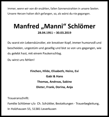 Anzeige von Manfred  Schlömer von Kölner Stadt-Anzeiger / Kölnische Rundschau / Express