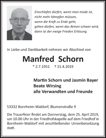 Anzeige von Manfred Schorn von  Schaufenster/Blickpunkt  Schlossbote/Werbekurier 