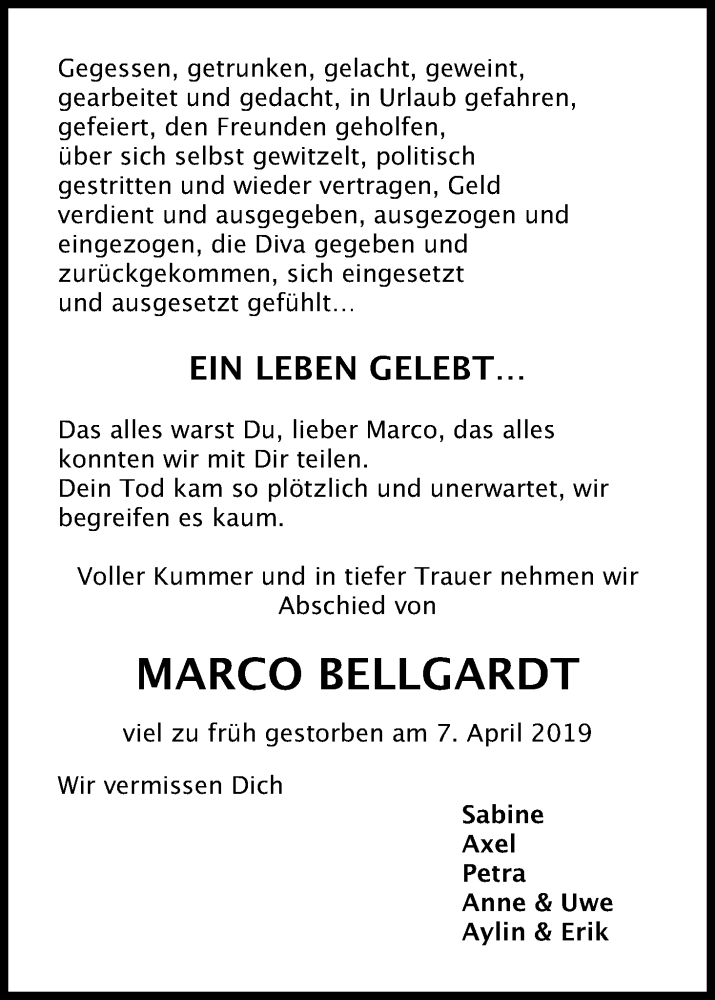  Traueranzeige für Marco Bellgardt vom 20.04.2019 aus Kölner Stadt-Anzeiger / Kölnische Rundschau / Express