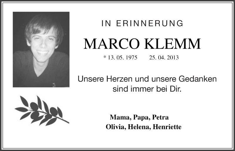 Traueranzeige für Marco Klemm vom 24.04.2019 aus  Anzeigen Echo 