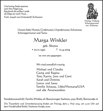 Anzeige von Marga Winkler von  Schlossbote/Werbekurier 