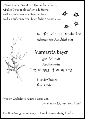 Anzeige von Margareta Bayer von Kölner Stadt-Anzeiger / Kölnische Rundschau / Express