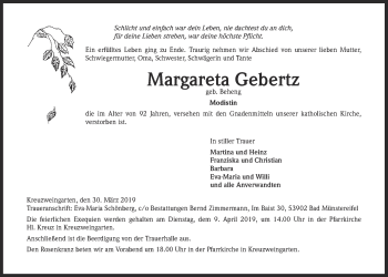 Anzeige von Margareta Gebertz von  Blickpunkt Euskirchen 