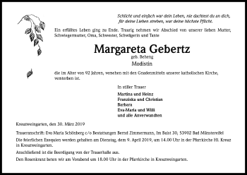 Anzeige von Margareta Gebertz von Kölner Stadt-Anzeiger / Kölnische Rundschau / Express