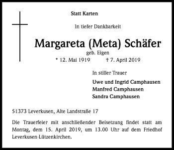 Anzeige von Margareta Schäfer von Kölner Stadt-Anzeiger / Kölnische Rundschau / Express
