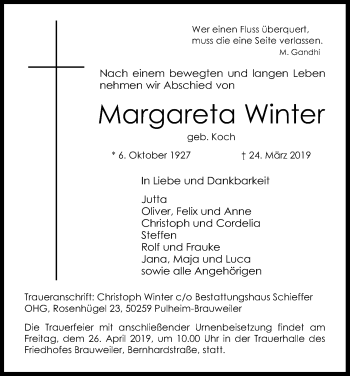 Anzeige von Margareta Winter von Kölner Stadt-Anzeiger / Kölnische Rundschau / Express