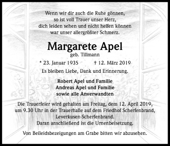 Anzeige von Margarete Apel von Kölner Stadt-Anzeiger / Kölnische Rundschau / Express