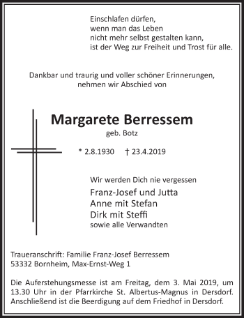 Anzeige von Margarete Berressem von  Schaufenster/Blickpunkt 