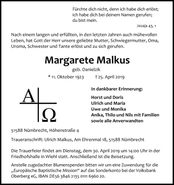 Anzeige von Margarete Malkus von Kölner Stadt-Anzeiger / Kölnische Rundschau / Express