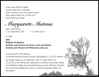Anzeige von Margarete Matena von Kölner Stadt-Anzeiger / Kölnische Rundschau / Express