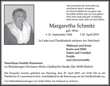 Anzeige von Margaretha Schmitz von  Sonntags-Post 